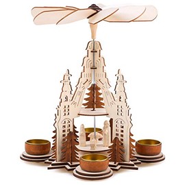 Brubaker Christmas Pyramid Cathedral 29 cm - Mary, Joseph and Jesus - 2 Levels - Tea Light Pyramid with 4 Metal Tea Light Holders - Natural Wood - Carved Figures