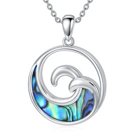 VONALA Wave Necklace Sterling Silver Abalone Shell Ocean Wave Pendant Necklace Surfer Beach Jewellery Gifts for Women Girls, Sterling Silver