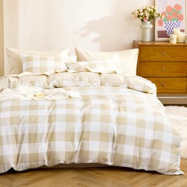 Wake In Cloud - Gingham Quilt Cover Set, Plaid Buffalo Checked Pattern Printed, 1000TC Ultra Soft Microfiber Doona Duvet Cover Bedding, 3 Pieces, Beige White, Queen Size