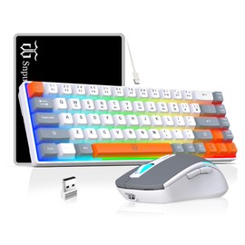 Snpurdiri 60% Wireless Gaming Keyboard and Mouse Combo,Rainbow Backlit Rechargeable 2000mAh Battery,Mini Mechanical Feel Keyboard +Popular RGB Mice for Gaming,Business Office(Gray-White-Orange)