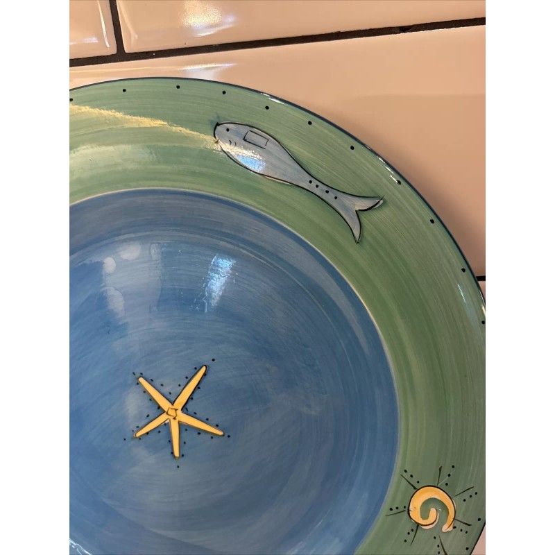 K.I.C. Fish Shells Waves Sun Starfish Green Rim Blue Dinner