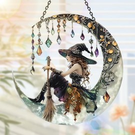 Mystical Witch Sun Catcher, Colorful Acrylic Stained Glass Effect Window Hanging Suncatcher, Gothic Moon Witch Statue Decor, Window Sun Catchers for Home Wall Art and Witch Gifts (Witch Design)