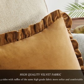 GIGIZAZA Velvet Cushion Covers Pack of 2 45x45 CM Square Dark Gold Pillow Covers with Ruffle Edges Sofa Cushions Living Room Premium Soft Throw Covers Bedroom Decorative Pillowcase