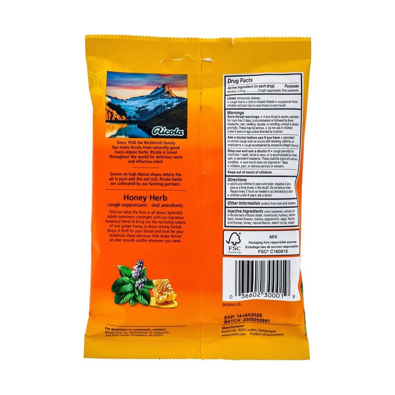 Ricola Swiss Alpine Herbs HONEY HERB Lozenges Cough Suppressant 24