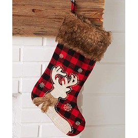 The Lakeside Collection Faux Fur Trimmed Plaid Stockings Deer