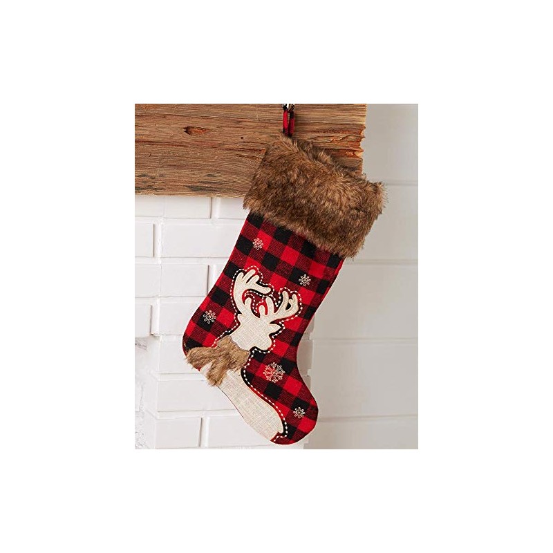 The Lakeside Collection Faux Fur Trimmed Plaid Stockings Deer