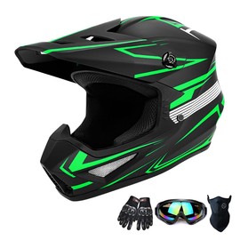 TTMiku Kids Dirt Bike Helmet, Youth Adult Lightweight Full Face Motocross ATV Four Wheeler Quad Off-Road Motorcycle Helmet Set, DOT Approved, Green, S
