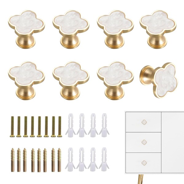 UgyDuky 8 Pcs Clover Four-Leaf Cabinet Knobs, Gold and White