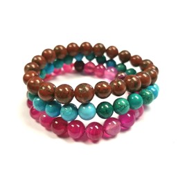 Treasure Bay Handmade Womens 8mm Gemstone Bracelet | Stress and Anxiety Set of Three colour Pink, Brown and Blue