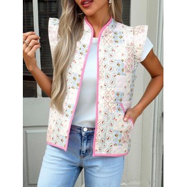Tankaneo Womens Puffer Vest Ruffle Sleeveless Floral Printed Cropped Quilted Vest Lightweight Padded Gilets Coats