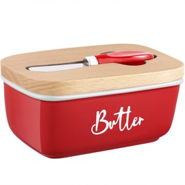 ALELION Red Butter Dish with Lid and Knife for Countertop, Ceramic Butter Container with Beech Wood Lid, Airtight Butter Keeper for Counter, for Red Kitchen Decor and Accessories