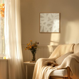 ArtbyHannah Textured Wall Art Hand-painted 3D Abstract Wall Decor Minimalist Decor Beige Framed with Abstract Lines for Modern Home 16x16 Inch