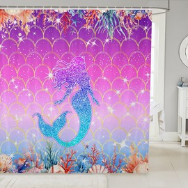 Feelyou Cortina de ducha rosa sirena de 72 x 84 pulgadas, juego de cortina de ducha de baño con animales marinos para niñas, decoración de princesa, curtai, impermeable, escamas de pescado, accesorios