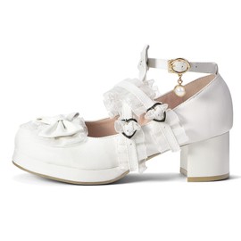 elerhythm Women's Mary Jane Platform Chunky Block Heels Cute Cosplay Kawaii Bow Lace Dresses Crossed Round Toe Ankle Strap Shoes, white 1
