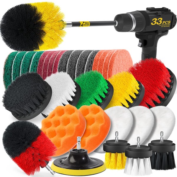 Holikme 33piece Drill Brush Attachments Set, Scrub Pads Sponge, Power Scrubber Brush with Rotate Extend Long Attachment All purpose Clean for Grout, Tiles, Sinks, Bathtub, Bathroom, Kitchen Automobile