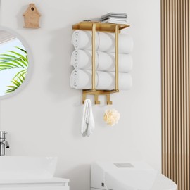 Towel Rack with Metal Shelf and 3 Hooks, Bethom Towel Racks for Bathroom Wall Mounted, Metal Gold Bath Towel Holder Storage Wall for Small Bathroom