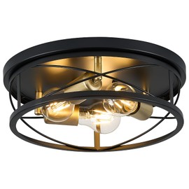 VIOLOEMI Farmhouse Light Fixtures, Black and Gold Round Metal Flush Mount Ceiling Light, 3-Light Cage Ceiling Lamp for Kitchen, Foyer, Bedroom, Hallway（Bulbs Not Included）