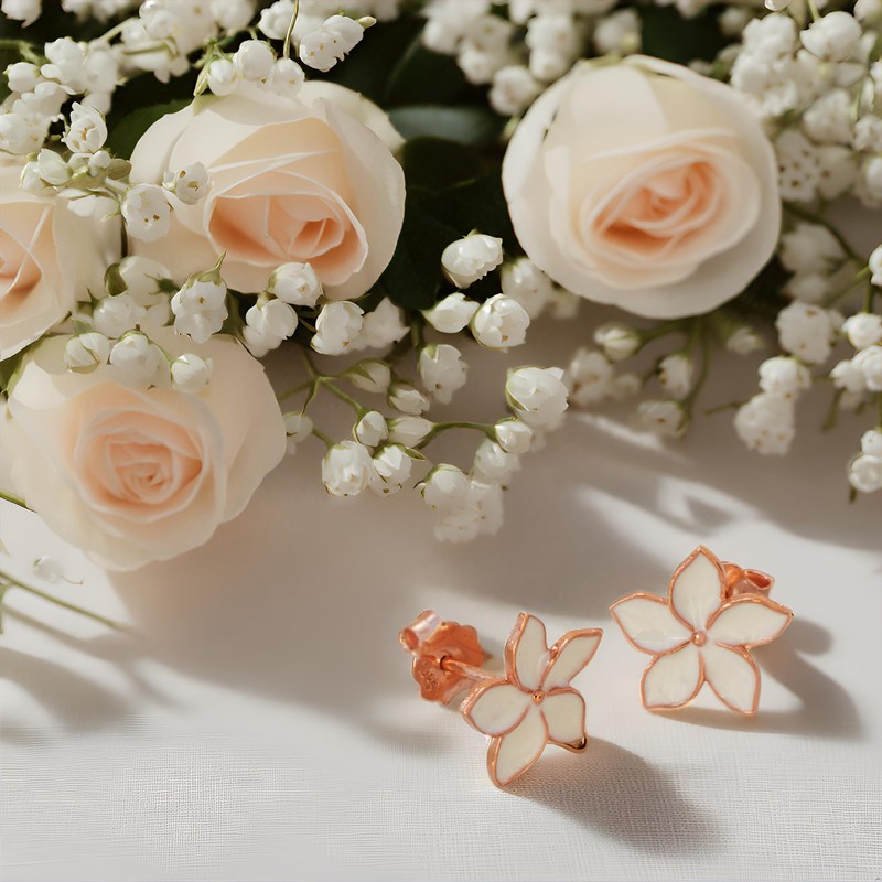 Sterling Silver White Flower Jasmine Stud Earrings (White)