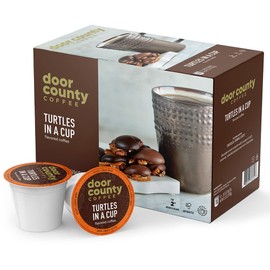 Door County Coffee Turtles in a Cup Flavored Ground - 30 Count Single Serve Cups - Medium Roast - 100% Specialty Arabica - Flavored Gourmet - Caramel and Toasted Pecan