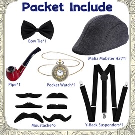 Goenb 20s Costume Men's Accessories, Mafia Costume Peaky Blinders Costume Gangster Costume Detective Costume with Gangster Hat Adjustable Braces Pocket Watch Bow Tie Beards for Carnival