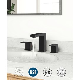 QFN Lead-Free 8" Black Bathroom Faucets for Sink Square, 2 Handle 8 Inch Widespread Bathroom Faucet 3 Hole Matte Black for 6"-12" Vanity Sink Remodel with Metal Pop Up Drain and 24" cUPC Supply Hoses
