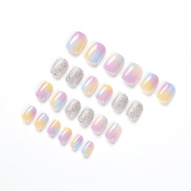 Vezocim Press on Nails Short Square 24Pcs Glitter Press on Nails Coffin with Rainbow Designs Glossy Full Cover Acrylic Short False Nails Glue Fingernails Artificial Fake Nails for Women Girls