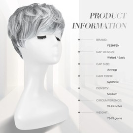 FESHFEN Short Pixie Cut Wigs Synthetic Ombre Gray Pixie Haircut Wig with Bangs Glueless Layered Wavy Wigs for Women, Grey to Black