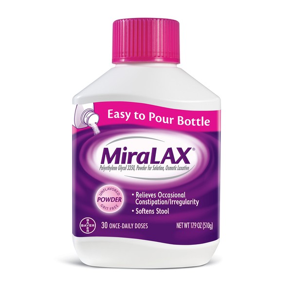 MiraLAX Laxative Powder for Gentle Constipation Relief, #1 Dr. Recommended Brand, 30 Dose Polyethylene Glycol 3350, stimulant-free, softens stool, Red, 1.11 Pound (pack of 1)