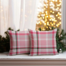 Christmas Plaids Pillow Covers 18x18 Set of 2 Pink Sage Green Grey Throw Pillow Cases Winter Decorative Cushion Tartan Gingham Outdoor Patio Farmhouse,Living Room Couch Sofa Home Décor