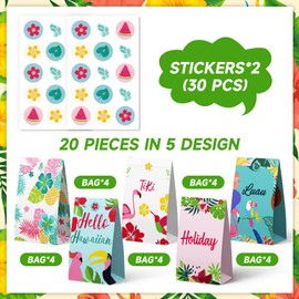 EMOME 20 Packs Hawaiian Party Favor Bags, Flamingo Summer Tropical Aloha Paper Bag with Stickers, Goodies Treat Gift Bags for Hawaiian Tiki Luau Beach Pool Party Supplies