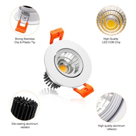 2Inch LED Recessed Ceiling Light, 3W Dimmable LED Downlight, 60 Beam Angle COB Recessed Lights with Driver, Warm White 3000K-3500K, 25W Halogen Bulbs Equivalent for Ceiling Lighting,White 1 Pack