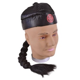 Black Chinese Hat with Pigtail - 1 Pc, Oriental Design Costume Accessory, Ideal for Themed Parties, Chinese New Year & Celebrations