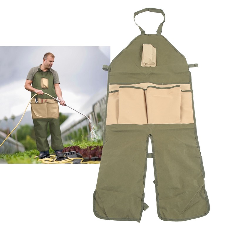 Gardening Apron Green Khaki 600D Oxford Fabric Multiple Pockets Durable