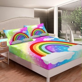 Rainbow Bedding Set Twin Size Colorful Sky Bed Set for Girls Teens Bedroom Decor Kids Tie-dye Fitted Sheet Soft Microfiber Fairy Tale Bed Cover(1 Fitted Sheet+1 Pillow Case)