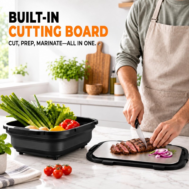 XL Collapsible BBQ Prep Tub with Locking Lid and Cutting