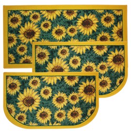 Kashi Home Kitchen Rug, Printed Area Rug, Durable Floor, Door Mat, Farmhouse Non-Slip Carpet Latex Backing Beautiful Design Sunflower 3pc Set (2 18x30 D Shape & 1 20x40)