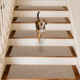 GROWLING Linen Stair Treads for Wooden Steps Indoor 36x9 inch,7pcs Upgraded Self Adhesive Backing Non Slip Stair Carpets, Peel and Stick Stair Runner Rugs, Reusable Staircase Step Treads(Beige)