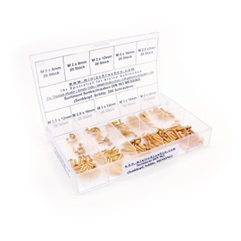 Assortment Box with 200 Small Countersunk Screws in Accordance with DIN 963 Brass (M2, M2.5 and M3), Slotted, Countersunk Head. Mini Screws Assortment Including Labelled Box