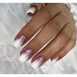 Press on Nails - Short Long Almond Square Ballet Shape, Fake Nails with Glue, Designs for Women, 24 Pcs (Purple White Glitter)