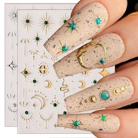 Nail Art Stickers Bohemian Snake Moon Star Nail Sticker 3D Self-Adhesive Bohemian Nail Decal Gold & Silver Moon Star Nail Art Supplies Green Crystal DIY Manicure Designs Nail Decoration for Women 2Pcs