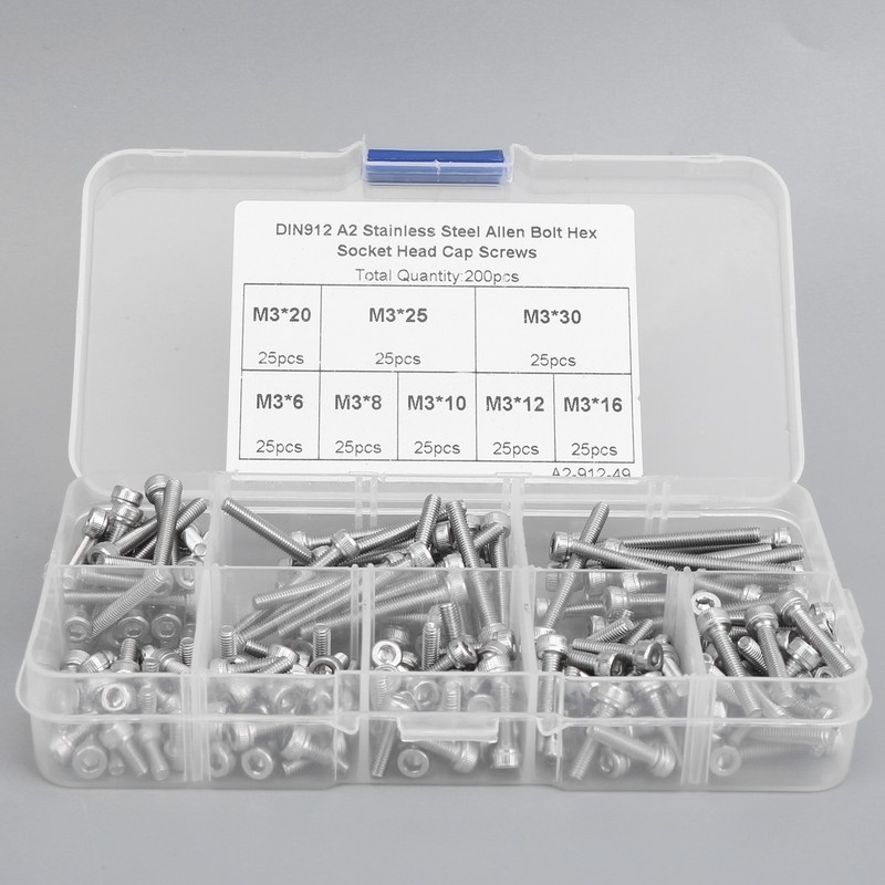 200Pcs Hex Socket Cap Head Screw 304 Stainless Steel Boxed