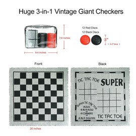 3-in-1 Vintage Giant Checkers and Tic Tac Toe Board Draughts Reversible Rug Game, Big Checker Floor Game Mat, Family Board Game, Lawn Game, BBQ Party Favor, Indoor and Outdoor