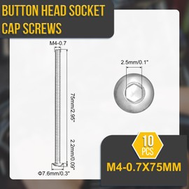 DTGN M4-0.7x75mm Button Head Socket Cap Screws - 10Pack - Good for Road Bicycle, Mountain Bike, Auto, Motorcycle - 304 Stainless Steel Whitewashed - Hex Socket Drive Fasteners