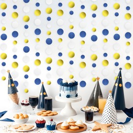 5 Pcs Blue and Gold Garland Blue Circle Dots Garland, PLULON 65 Ft Hanging Paper Polka Dot Streamer Backdrop Banner for Blue Gold Birthday Baby Shower Classroom Stitch Graduation Party Supplies Decor
