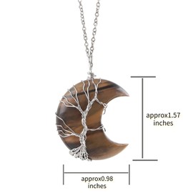 Anjiucc Natural Crystal Stone Tree of Life Metal Wire Wrapped Crescent Moon Pendant Necklace for Men and Women's Jewelry（Tiger's Eye）