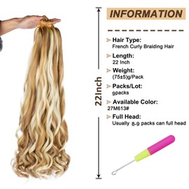 9 Packs French Curly Braiding Hair 75g/Pack Pre Stretched Bouncy Loose Wavy Braiding Hair 22 Inch Mix Two Tone French Curls Braiding Hair Synthetic Crochet Braids Hair For Box Braids Hair Extension For Women（22 Inch,27M613#）