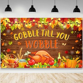 AIBIIN Friendsgiving Backdrop Gobble Till You Wobble Photography Background Fall Maple Rustic Wood Friendsgiving Thanksgiving Party Decorations 70.8 x 43.3 inch