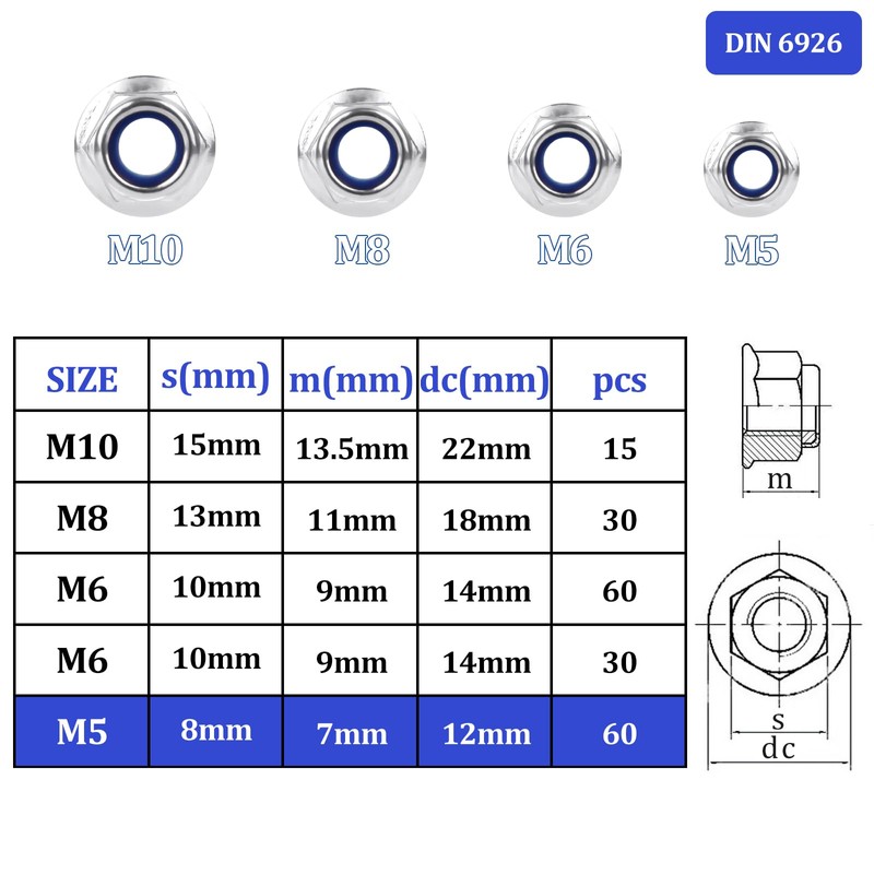 Pack of 30 Flange Nuts M5 Nut DIN 6926 Hexagonal