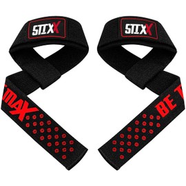 STIXX Wrist Straps Weightlifting Gym - Deadlift Weight Lifting Straps Fitness Padded Cotton Gym Wrist Support Gel Advanced Grips Dumbbell Bar Wraps Heavy Duty Bodybuilding Straps (Blk/Red)