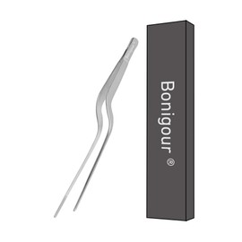Bonigour 8 Inch Precision Offset Tweezers, Kitchen Culinary Stainless Steel Tongs, Curved Kitchen Cooking Multi-function Chef Precision Tweezer Tongs for Plating, Food Decorating and ect (Silver)